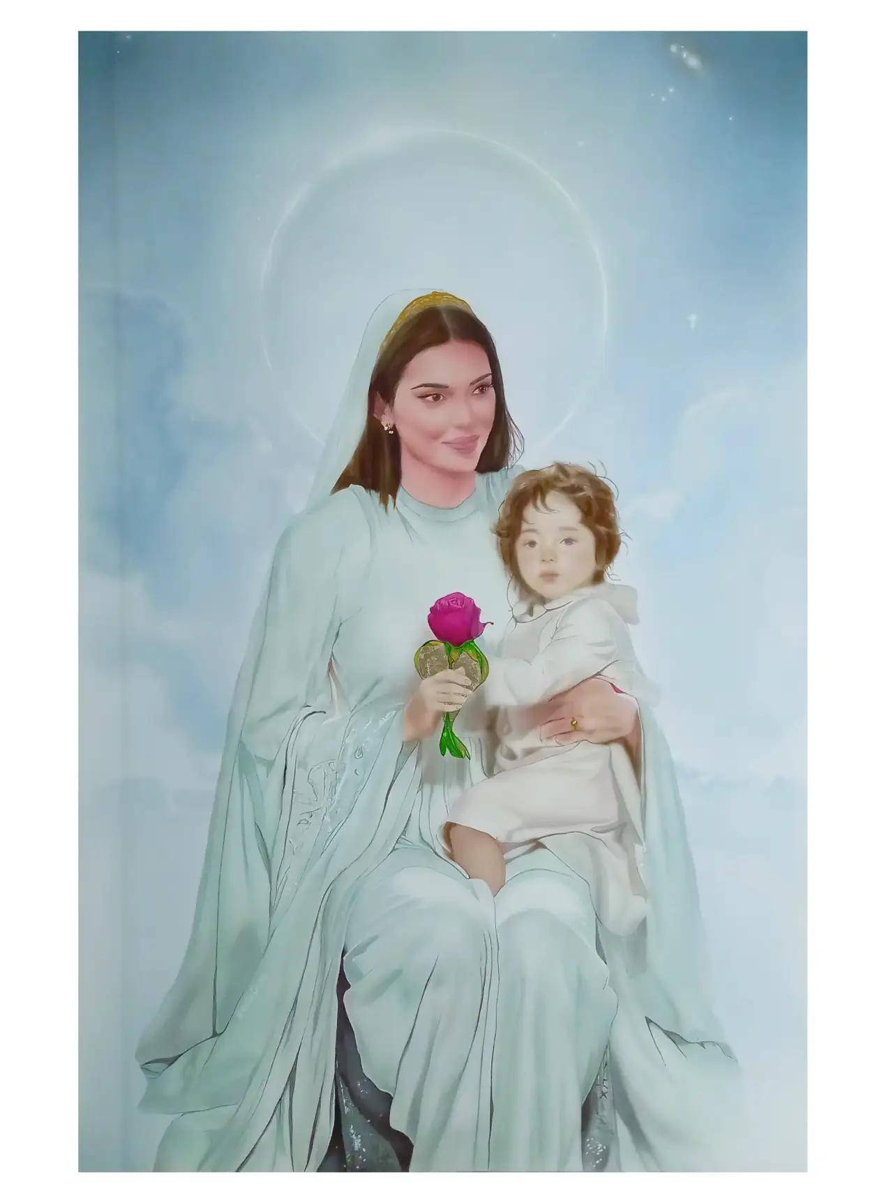 Cielo y Tierra, pintura religiosa de la Virgen María sosteniendo un niño con técnica de aerografía realizada por el artista Santacruz