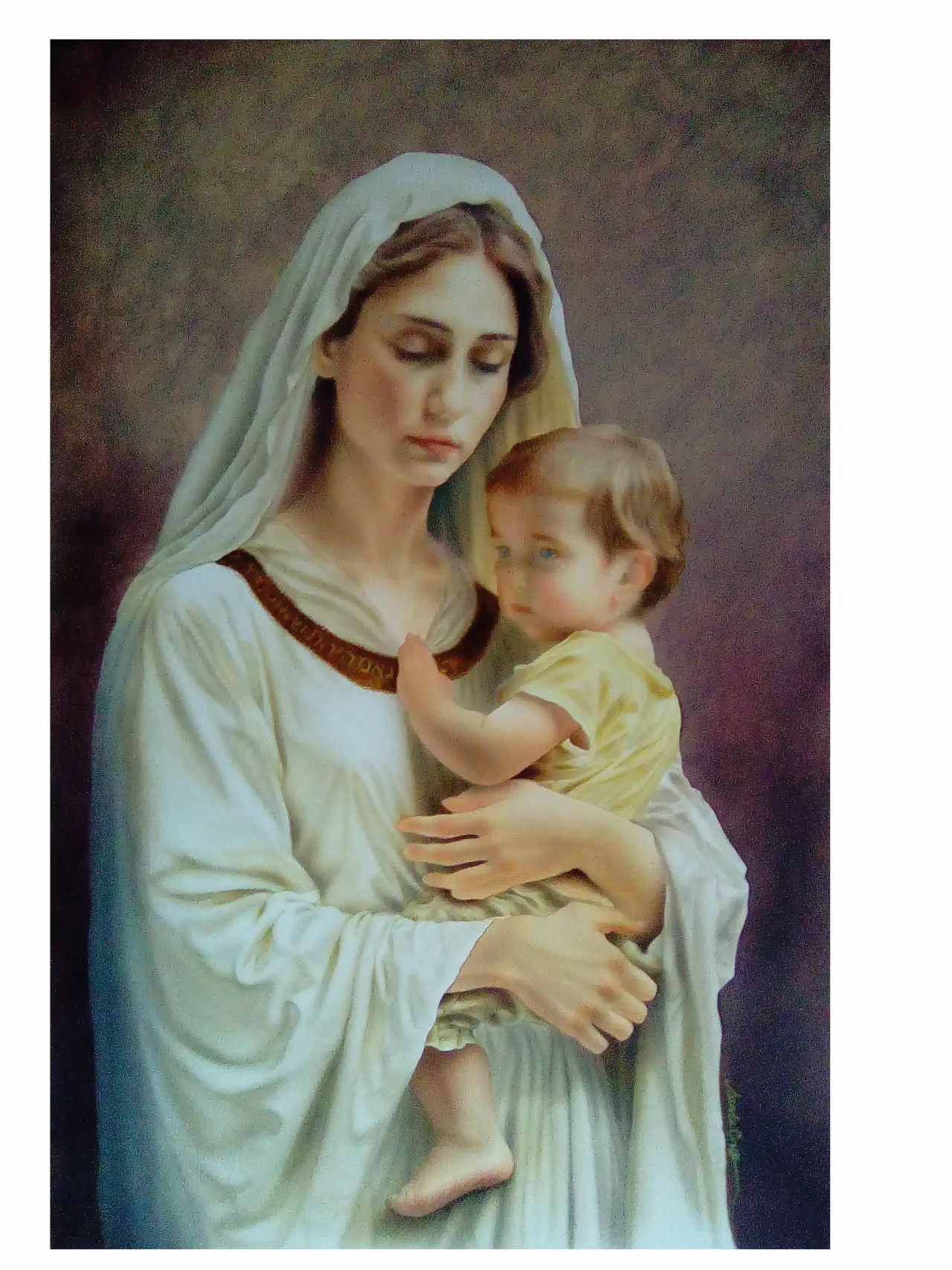 Retrato artístico de la Virgen María sosteniendo un niño con técnica de aerografía