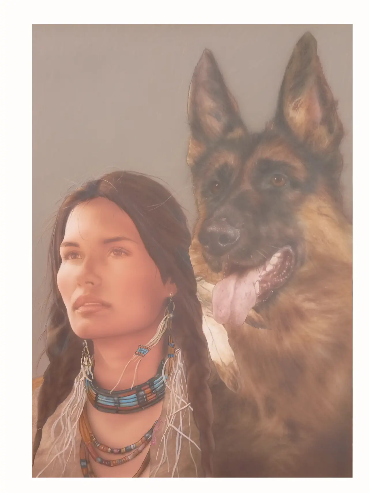 Retrato artístico de india apache con su amigo pastor aleman con técnica de aerografía