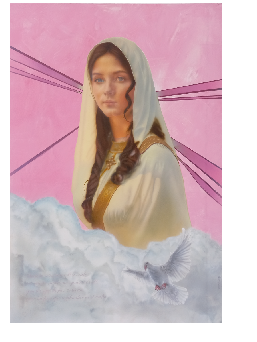 Retrato artístico de la virgen maria con nubes y paloma celestial con técnica de aerografía